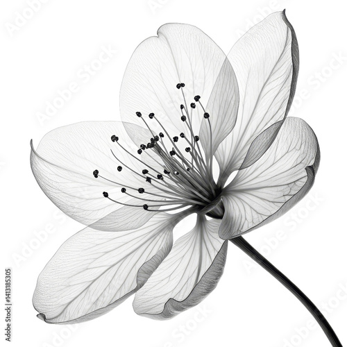 Monochrome Flower, X-Ray Style, Isolated on White Background, Botanical Illustration, Floral Design, Flower, Botany, Monochrome