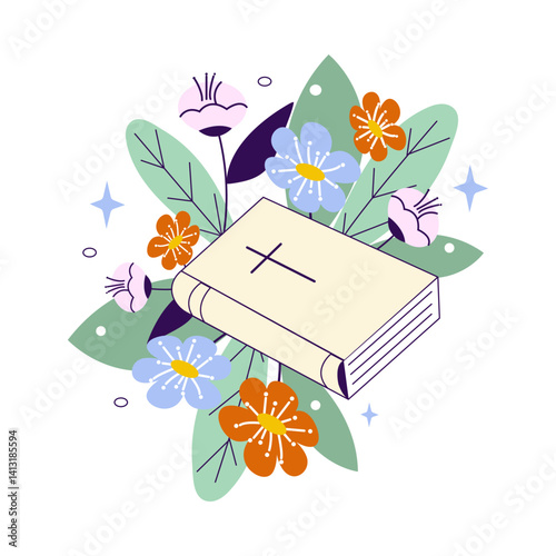 Holy Bible with flowers and plants around. Christianity design. Flat vector illustration isolated on white background