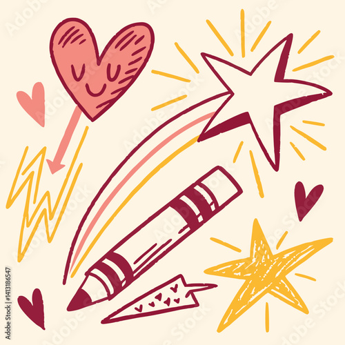 Hand-drawn Cute Heart, Stars, Crayon