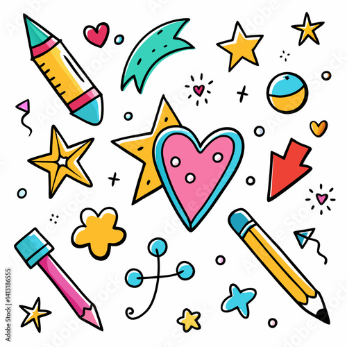 Colorful Doodle Collection: Stars, Hearts, Pencils