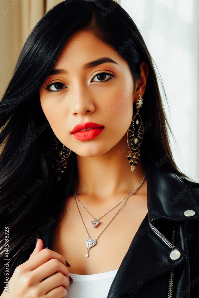 Stylish Asian Woman with Trendy Jewelry and Leather Jacket
