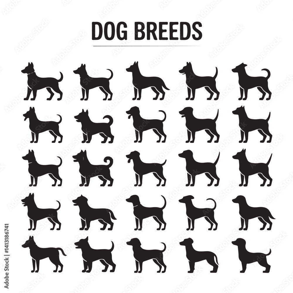 Fototapeta premium Black Silhouette Illustrations of Popular Dog Breeds