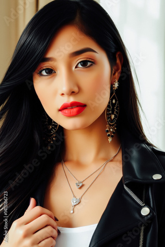 Obraz na płótnie Stylish Asian Woman with Trendy Jewelry and Leather Jacket w salonie
