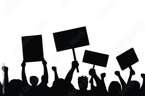 Protesters Silhouette with Raised Signs – Black and White Vector of Social Movement