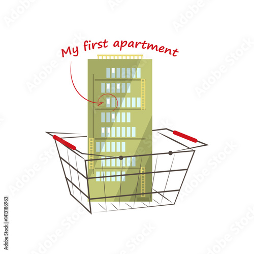 High-rise building in the shopping basket. The inscription above is my first apartment and an arrow pointing to the windows of a mortgage apartment. Vector illustration