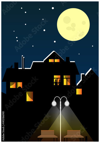 Dark silhouettes of houses under the light of the moon and stars. People are visible in the windows. In the foreground, a lantern illuminates two benches. Vector illustration