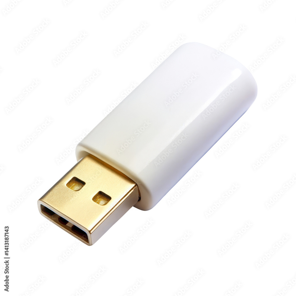 White USB Flash Drive Mockup Isolated on White Background, Gold Connector, Data Storage Device, USB drive, flash drive, mockup