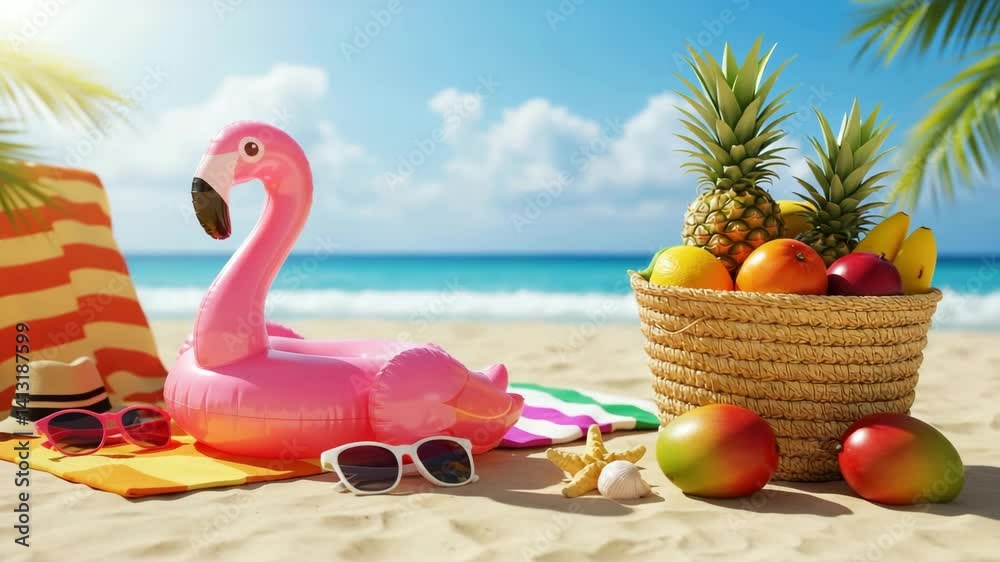 A relaxing beach scene with a pink flamingo pool float, sunglasses, and a basket full of tropical fruit. This vibrant image captures the essence of a summer vacation.