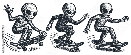 Woodcut style vector illustration set. A classic grey alien character riding a skateboard in three different dynamic poses. Vintage printmaking look.