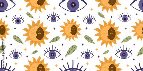 
Esoteric seamless pattern with mystical sun and moon faces, all-seeing eyes, sage bundles, and sparkling stars — perfect for boho fabrics, spiritual stationery, and magical surface design.
