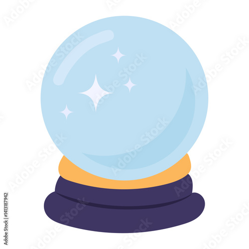 Crystal ball vector illustration featuring a glowing glass orb with sparkles on a mystical base, perfect for esoteric designs, fortune telling themes, tarot readings, and magical branding.
