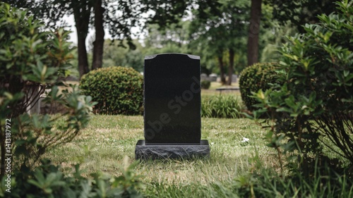 A black headstone stands silently in a green cemetery, a place of remembrance and peace.