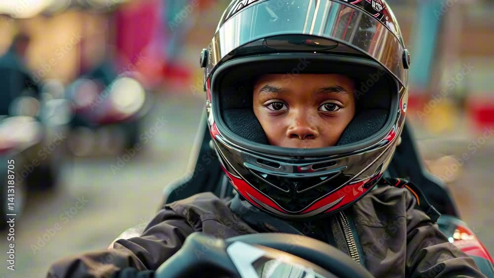 Focused boy in black helmet driving a go-kart on outdoor track in soft afternoon light. Concept of childhood thrill and beginner motorsport