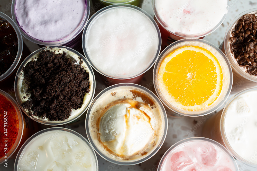 A top down view of several boba drinks, as a background. A top down view of several boba drinks, as a background.