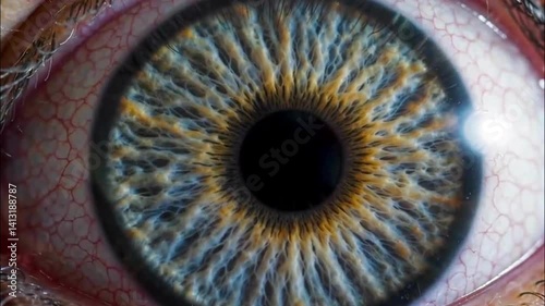 A macro view of a human's cornea; a detail view of dilated pupil and iris; a close up view of a human eyeball; vision and eyesight; health and science; a scary view of the human eye movement