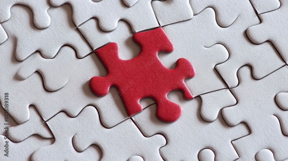 Jigsaw Puzzle on White Background with Single Red Piece Missing, Symbolic Problem-Solving Concept Jigsaw Puzzle on White Background with Single Red Piece Missing, Symbolic Problem-Solving Concept