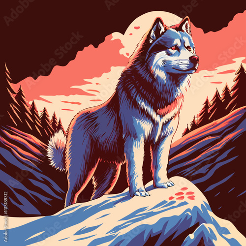 Alaskan Malamute Mountain Sunset Art