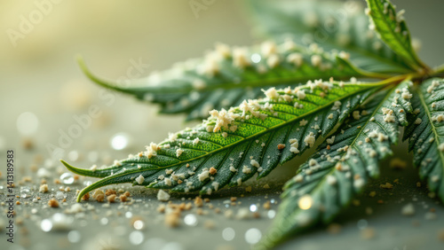 High-quality photograph of crystalline THC-A (Tetrahydrocannabinolic acid) on a green leafy substance and a background with glittering particles. photo