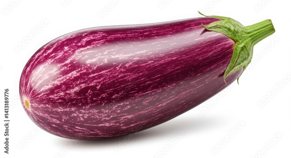A realistic close-up of a vibrant purple and white striped eggplant highlighting its glossy skin and intricate organic texture under studio lighting A realistic close-up of a vibrant purple and white striped eggplant highlighting its glossy skin and intricate organic texture under studio lighting