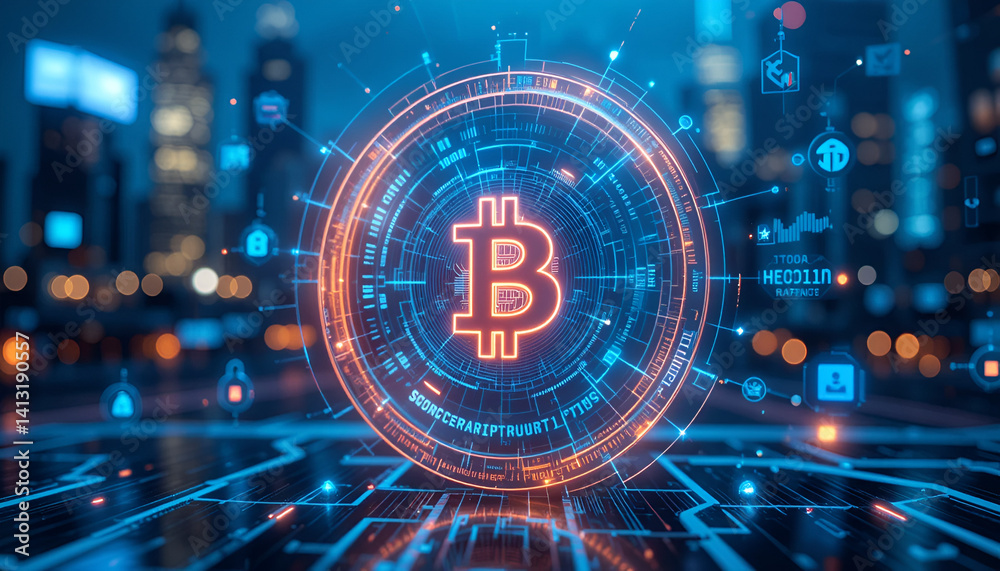 Fototapeta premium Bitcoin Hub in Dynamic Cityscape