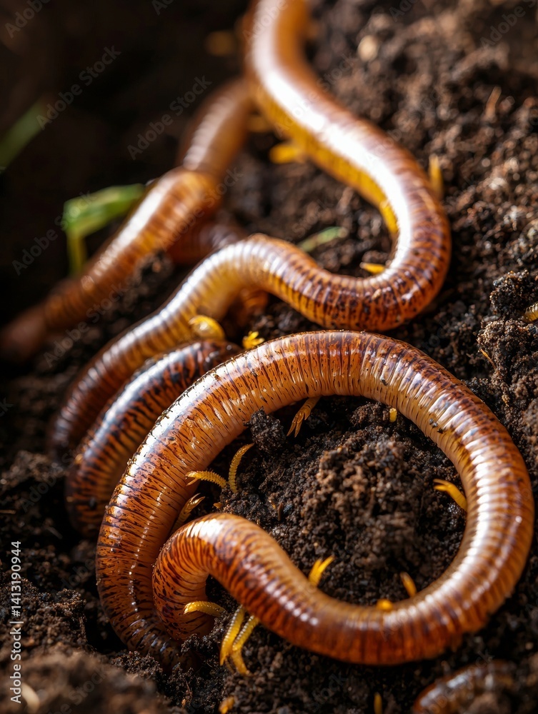 Group of Millipedes Crawling on Dark Soil in Garden Environment Group of Millipedes Crawling on Dark Soil in Garden Environment
