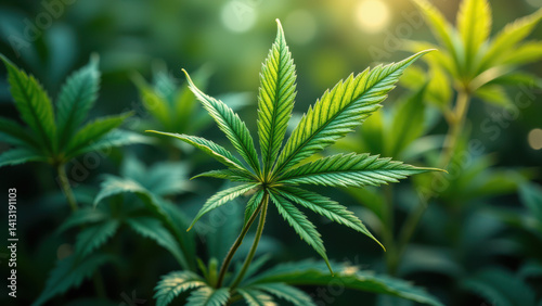 Obraz na płótnie Close-up of healthy cannabis plant with vibrant green leaves. w salonie