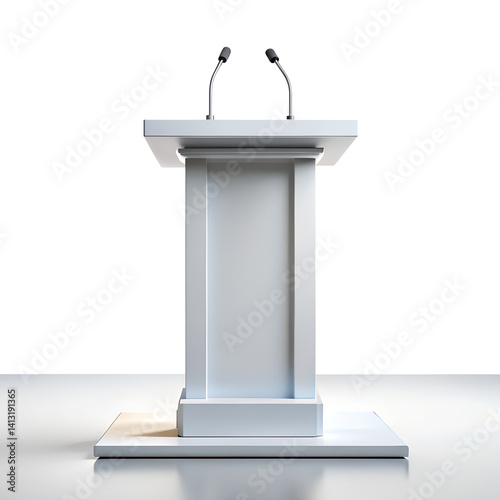 Isolated white podium with microphone is a 3d design illustration for speech or conference on transparent background
