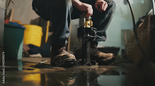 Plumber installing sump pump in basement. Featuring sump pump installation