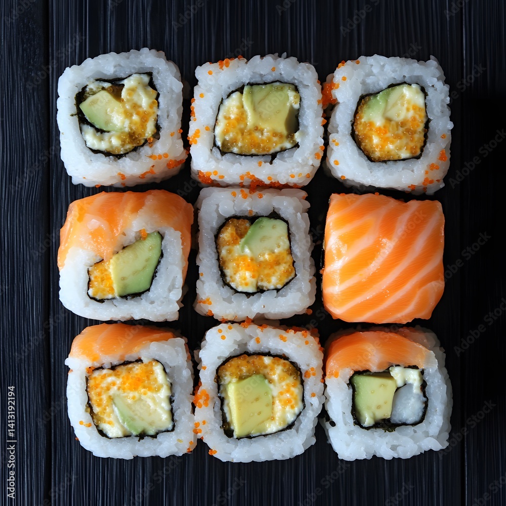 Delicious Salmon Avocado Sushi Rolls, Japanese Cuisine,  Overhead View, Square Grid
