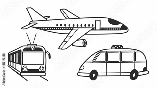 Thin line transport icons featuring airplane, tram, and taxi — clean, scalable visuals with consistent stroke width, perfect for travel booking platforms."