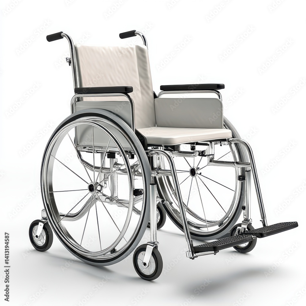 Fototapeta premium A chrome wheelchair with white seat and back isoleted on white background