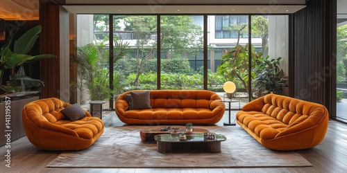 Interior of a modern living room with orange sofas, lush greenery outside the windows, and natural light