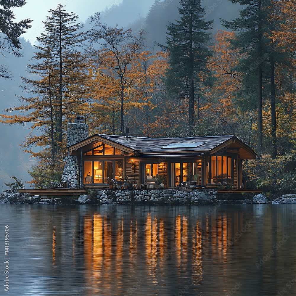 Fototapeta premium Lakefront Log Cabin Retreat Surrounded By Autumn Forest Photo