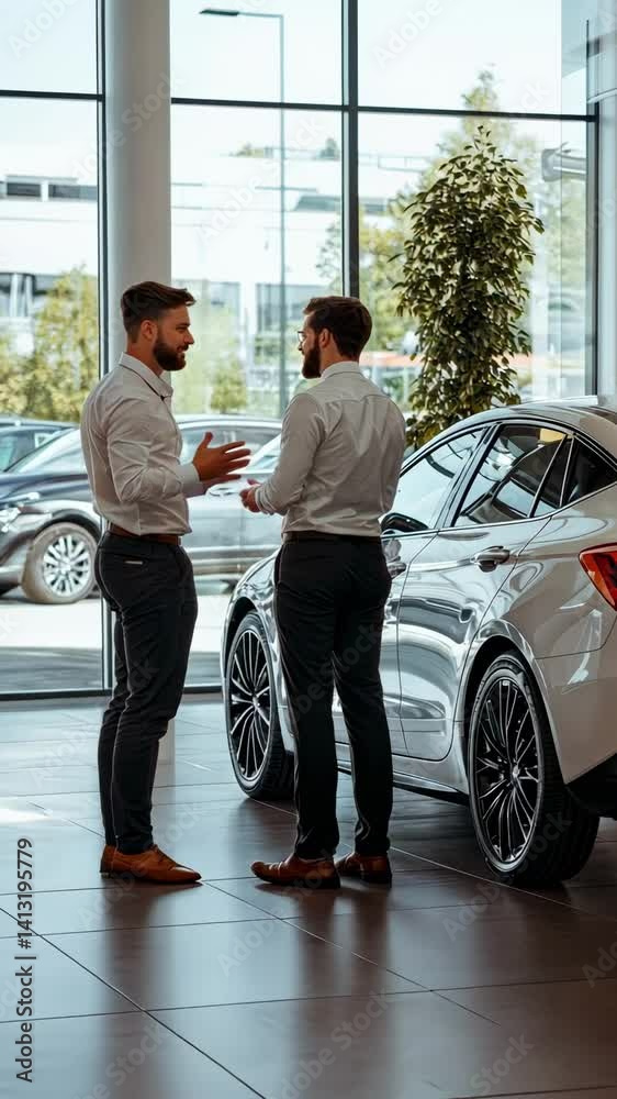 Professional car salesman presenting features of new automobile to potential buyer in modern dealership, engaging in discussion about vehicle specifications and purchase options