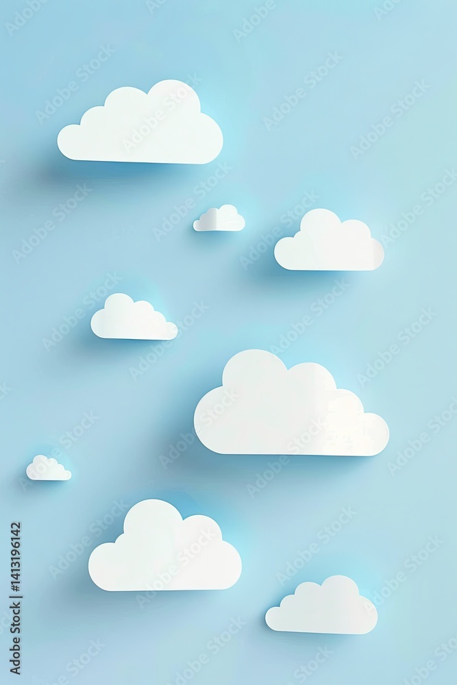 Minimal white cloud icons on blue background in a modern minimalist style, symbolizing cloud computing or weather.
