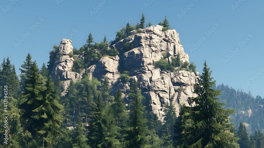 A rocky mountain peak surrounded by lush evergreen trees under a clear blue sky. A rocky mountain peak surrounded by lush evergreen trees under a clear blue sky.