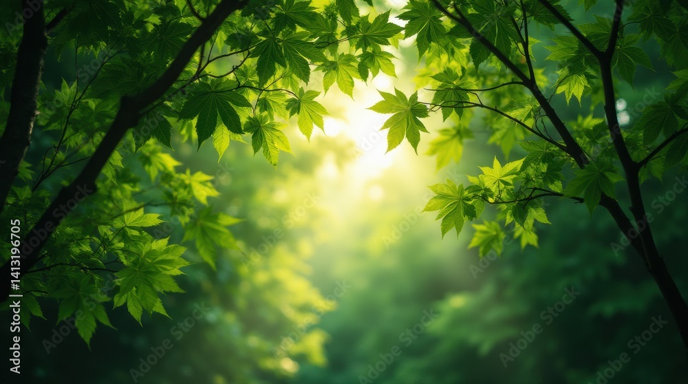 Fototapeta premium Lush green forest canopy with sunlight filtering through leaves