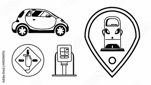 "Minimalist transportation icon pack in line style: includes electric vehicle, fuel station, and parking sign — editable stroke design for EV apps and navigation tools."