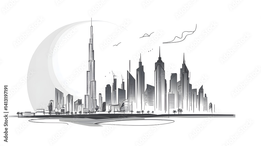 Obraz premium A city skyline with a tall building in the middle. Generated using AI.
