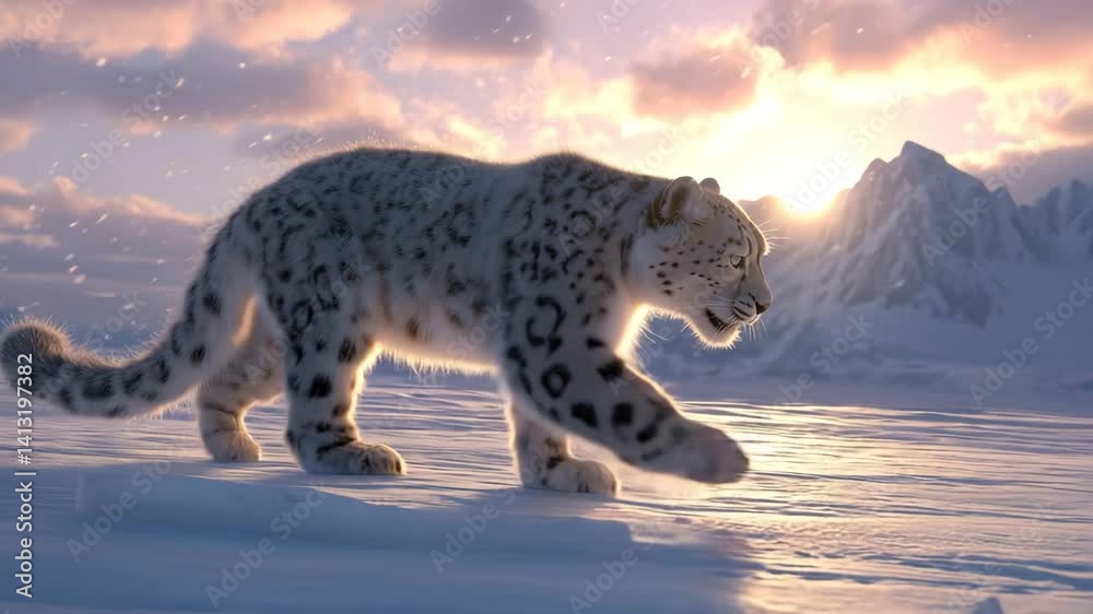 snow leopard walk on snow with side view