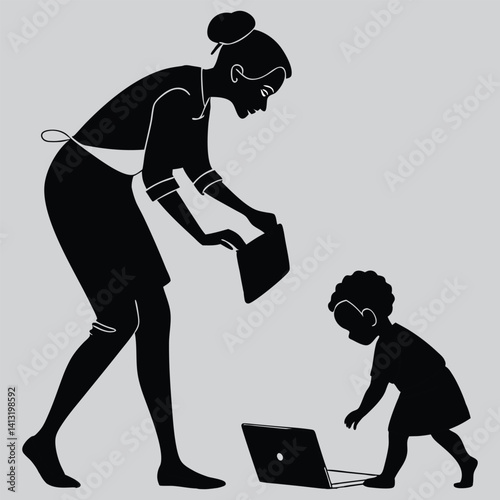 A mother working with child nearby image silhouette vector art and illustration