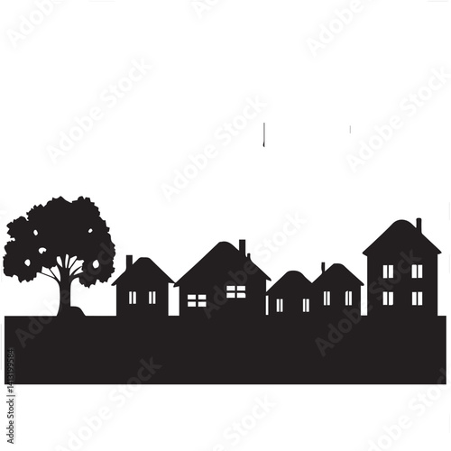 Suburban Neighborhood Silhouette Vector – Black House and Tree Clipart