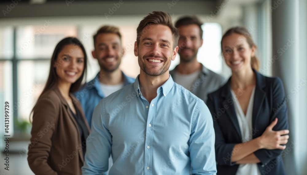A charismatic group of diverse professionals stands together in a bright, contemporary office space, radiating positivity and teamwork. Their genuine smiles and relaxed postures create an inviting A charismatic group of diverse professionals stands together in a bright, contemporary office space, radiating positivity and teamwork. Their genuine smiles and relaxed postures create an inviting