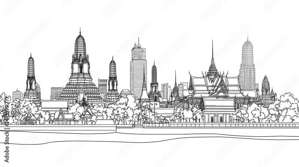 Fototapeta premium A city skyline with a large building in the middle. Generated using AI.