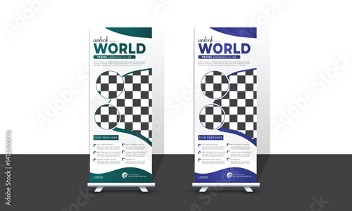 Travel business standee rollup design modern business trip signage pullup tour packages retractable x banner template