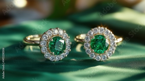 Elegant emerald and diamond rings on silk