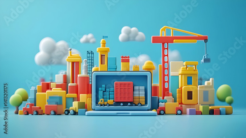 Voxel Style Cityscape with Construction Crane on Laptop Screen with Blue Background