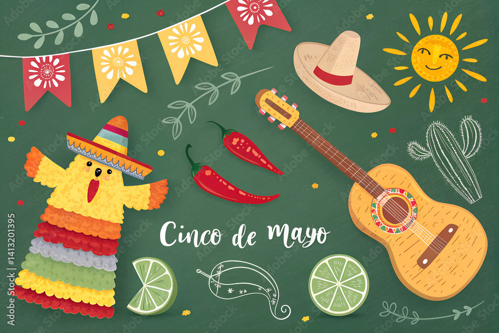 Naklejka premium Vibrant Cinco de Mayo Fiesta Colorful Illustration of Traditional Mexican Celebration