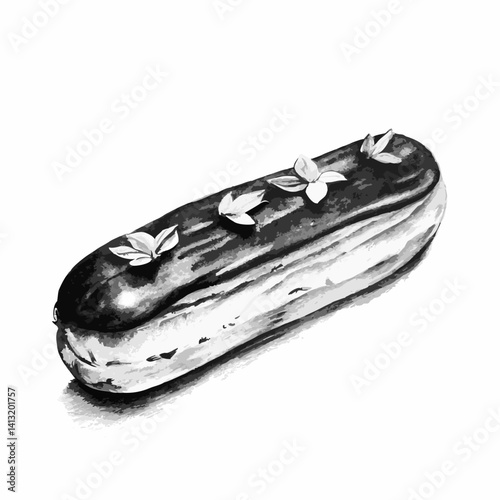 Eclair with chocolate glaze and leaf decorations.   