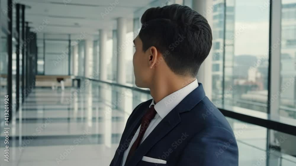 Professional businessman stands in an office corridor and looks out the window, focused on city view and bright modern architecture Professional businessman stands in an office corridor and looks out the window, focused on city view and bright modern architecture